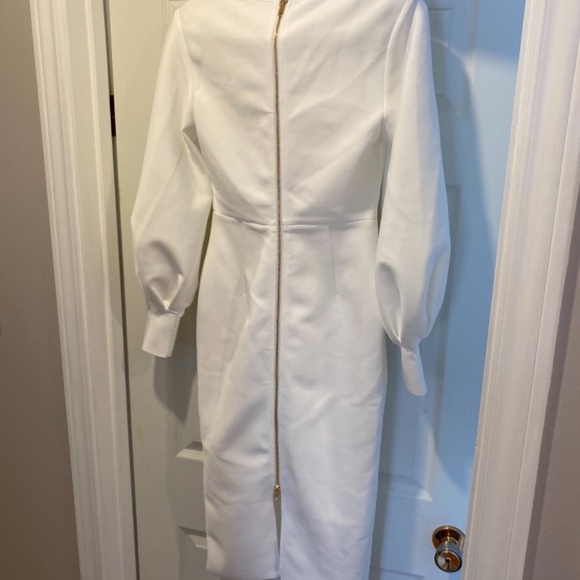 White Puff Long Sleeve Bodycon Midi Dress - Picture 2 of 3
